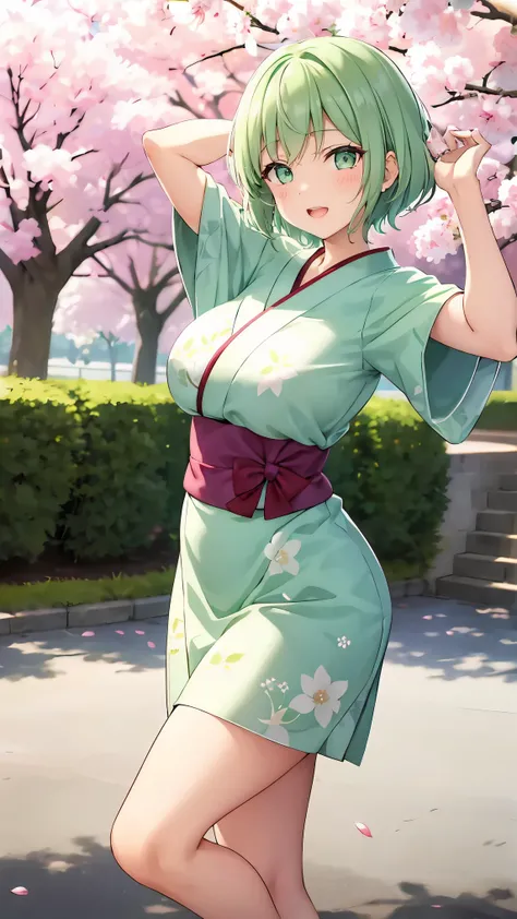 Girl with short green hair, Small breasts, Green Eyes, White Casual Beauty Special、(((tits))),Full body photo from head to toe、Kimono、Patterned Japanese clothing、Cherry tree in full bloom、Fluttering petals、Dance、Dancer、Dancing on stage、