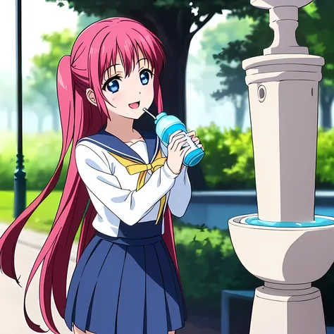 highest quality, (masterpiece:1.2), Very detailed, Game CG, ((((Very beautiful school uniform1A girl is drinking water from a drinking fountain in the park)))), ((The girl everyone loves)), (((Very beautiful pink hair))), ((((Yellow sailor suit)))), ((Sail...
