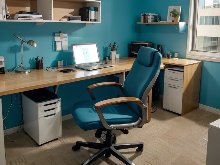 Create an image of an office, com paredes em azul muito claro, quase branco, com uma porta verde clara quase branca. There must be a computer desk in the office., office supply cabinet and office supply shelves. Deve ter um tapete. Cozy lighting, estilo pa...