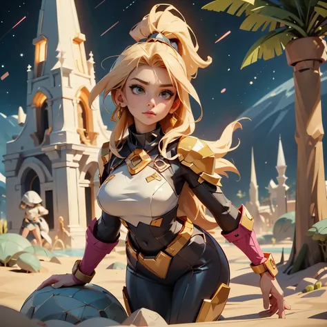 (High resolution、masterpiece:1.2)、Super detailed、(Photorealistic:1.37)、SF、Adventurer、Explore ancient ruins、Gorgeous detailed face and figure、Ideal proportions、Big Breasts、Beautiful long straight hair tied in a braided ponytail、blonde、Dynamic pose、Dynamic a...