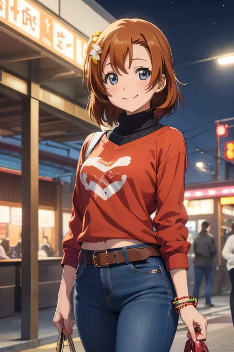 kousaka honoka, night, train station, tight jeans pants,sweater top,arms behind back, short hair, hair ornament, crotch lines, u...