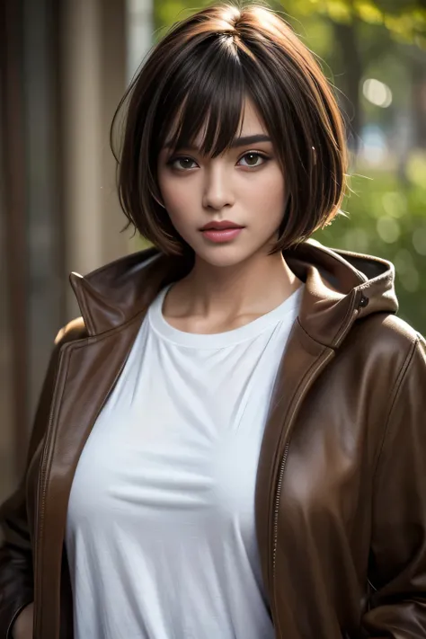 T-shirt, coat, , (photorealistic:1.4), (best quality:1.0), (ultra highres:1.0), 8k, RAW photo, (masterpiece:0.2), , zydG, 1girl, detailed skin, looking at viewer, brown eyes, (short hair with bangs:1.2), (large breasts:1.0), (large areolae:0.8), , (pureero...