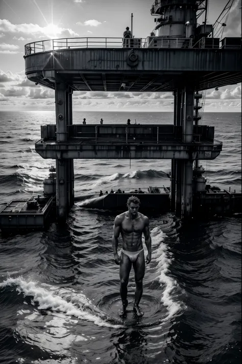 Male fashion photography photo, full body shot,(((handsome naked young manly sexy christian hogue))), working on an oil platform, black and white photo, dramatic poses and light and dark composition, the North Atlantic Ocean is famous for its rich oil rese...