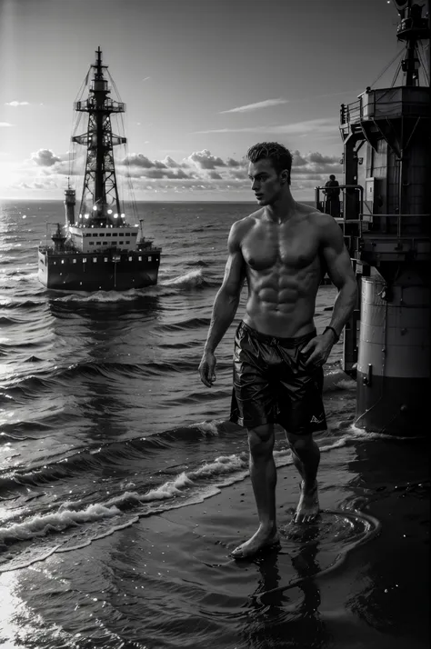 Male fashion photography photo, full body shot,(((handsome naked young manly sexy christian hogue))), working on an oil platform, black and white photo, dramatic poses and light and dark composition, the North Atlantic Ocean is famous for its rich oil rese...