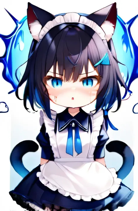 Cute, cat ears, hoodie with black-blue gradient, one tail with blue fire on the end of tail, blue eyes, dark hair, confused, Stockings, annoyed, kawaii, cat girl, maid dress, shame, tears, anime, mad