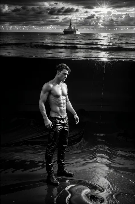 Male fashion photography photo, full body shot, (((handsome naked young manly sexy christian hogue))), working on an oil platform, black and white photo, dramatic poses and light and dark composition, the North Atlantic Ocean is famous for its rich oil res...