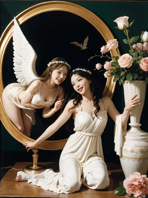 White winged female angel.full body portrait or statue、Sandro Botticelli painting style,Arguments of two female Philosophe,math、astronomical machine、astronaut、roses in vase、fruits、Cute trinkets、smile、ancient greek costume、Ancient Roman landscape in the sty...