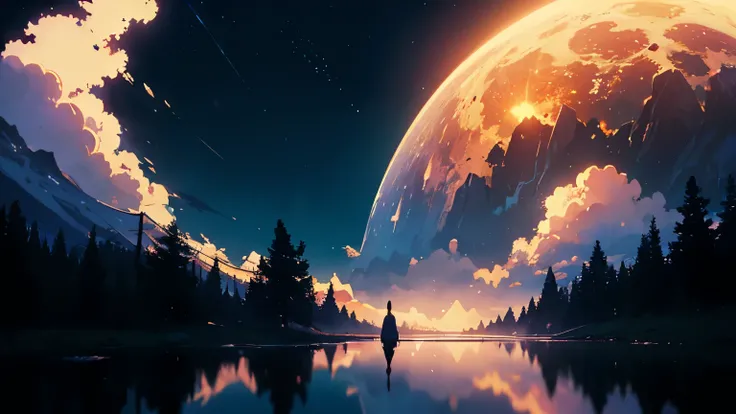 High quality masterpiece, landscape, One Grand Piano。Before the sun rises、Star of the sky、Crescent Moon。 Pixiv, Concept Art, Lofi Art style, reflection. by makoto shinkai, Lofi Art, Beautiful anime scene, break Anime landscape, detailedなlandscape —幅672, in...