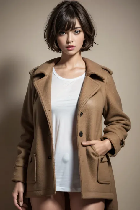 T-shirt, coat, , (photorealistic:1.4), (best quality:1.0), (ultra highres:1.0), 8k, RAW photo, (masterpiece:0.2), wear mini skirt, panty drop, 1girl, detailed skin, looking at viewer, brown eyes, (short hair with bangs:1.2), (large breasts:1.0), (large are...