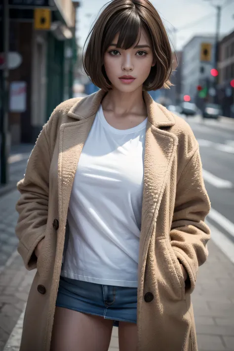 T-shirt, coat, , (photorealistic:1.4), (best quality:1.0), (ultra highres:1.0), 8k, RAW photo, (masterpiece:0.2), wear mini skirt, panty drop, 1girl, detailed skin, looking at viewer, brown eyes, (short hair with bangs:1.2), (large breasts:1.0), (large are...