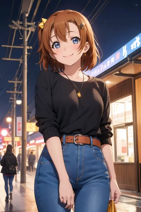 kousaka honoka, night, train station, tight jeans pants,sweater top,arms behind back, short hair, hair ornament, crotch lines, u...