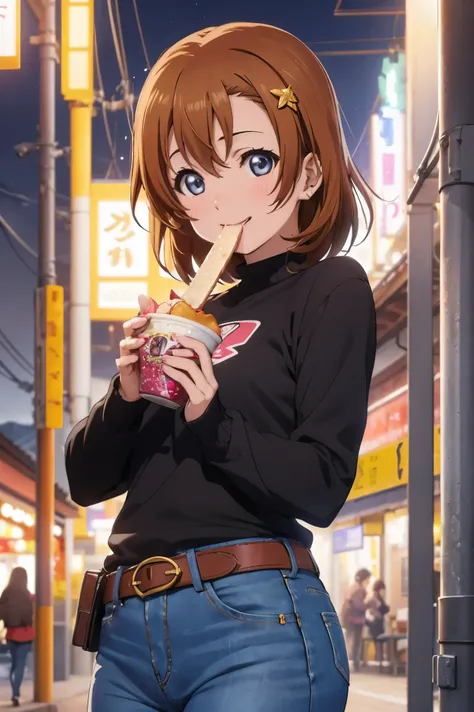 Kousaka honoka, night, train station, tight jeans pants,sweater top,arms behind back, short hair, hair ornament, crotch lines, upper body , cute girly belt、Eating around、Eating delicious food、Eating sweets with a smile