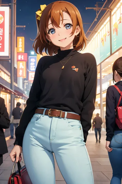 kousaka honoka, night, train station, tight jeans pants,sweater top,arms behind back, short hair, hair ornament, crotch lines, u...