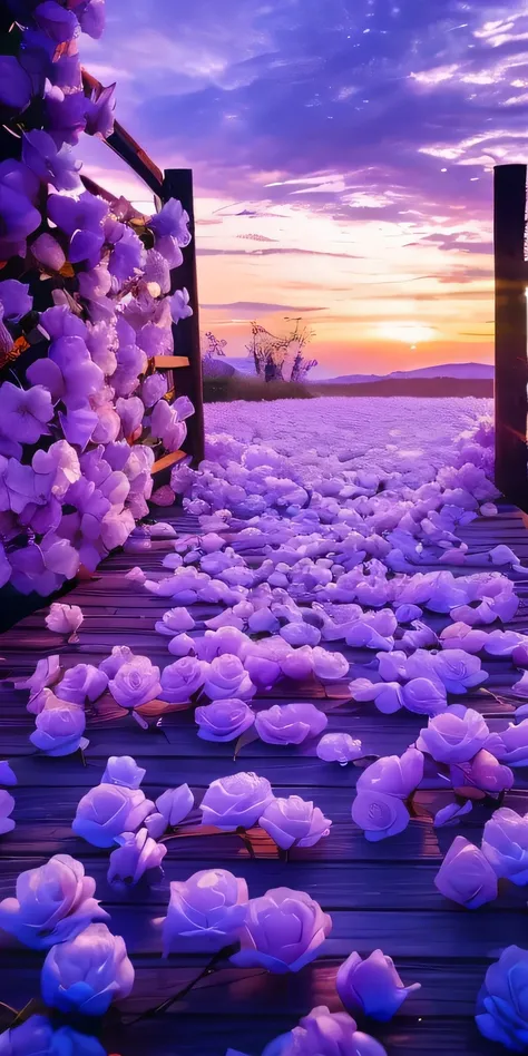 Purple flowers scattered on the ground near the wooden bridge, Beautiful background, Flower sunset, at purple sunset, Beautiful scenery, Beautiful flowers, Soft purple light, The Flowery Road to Heaven, Surreal Waizi Flowers, scenery is beautiful, Warm and...