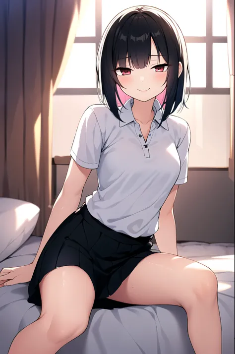 a young female character with short, dark hair and bright red eyes. She is wearing a white polo shirt and a black skirt. The character is sitting on a bed in a bedroom setting, with a window in the background. The lighting and shading create a soft, warm a...