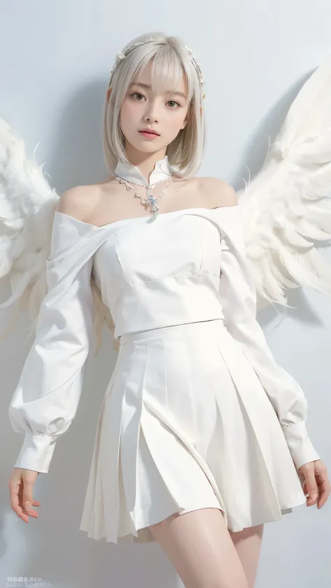 ((highest quality:1.3、8k、masterpiece))、One Girl、Detailed face 1:2、Cute Face、Fine grain、Beautiful woman、Lesbians all over、Angelicales、Angel、White Skirt、White Tops、feather、Gentle light、Light background、Great background、White gold hair、Are standing、((Random s...