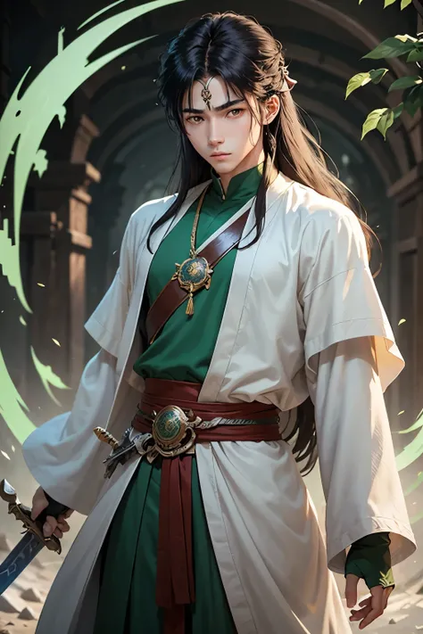 Cover photo ,16-year-old male,Healthy body,handsome face,white skin, (Wearing green monk robes), With long hair gathered., (holding a sword), (Bright eyes), gradient eyes, anime, glare, Ray tracing, depth of field