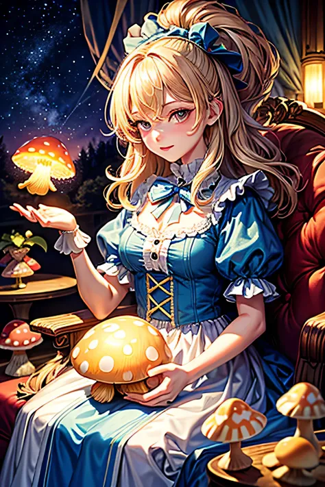 (masterpiece, top quality, best quality), pixel,pixel art, beautiful blonde woman with big messy hair, Alice in Wonderland, holding a glowing mushroom in her hands with colorful stars 
 