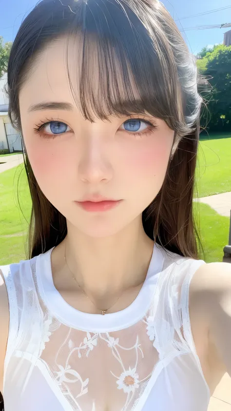 see through，Beautiful and fair、Radiant Skin, 3 Up, Gorgeous, bright, Refreshing and gentle expression, Perfect beautiful face、Beautiful shiny bangs, A very beautiful 17 year old girl, Eyeliner, Very perfect and beautiful lovely big clear sky blue eyes，Very...