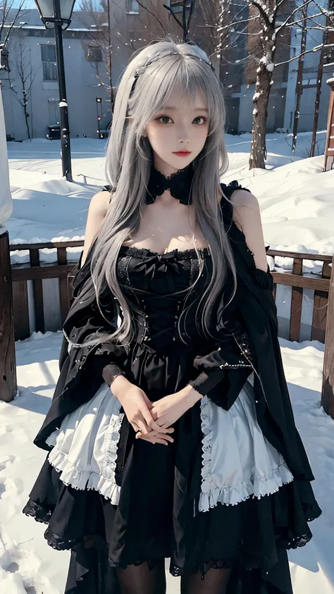 8K, Best quality, masterpiece, Photo-realistic, Hide your face with happiness, Black Lolita costume, Lace, Alice Gainsborough, whole body, underwear, Expose bare shoulders, external, external, Covered with snow, cloak, high quality, Adobe Lightroom, High D...