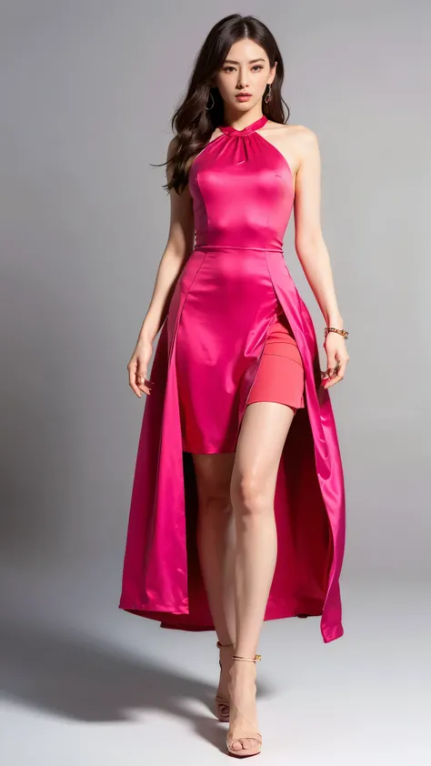 highest quality,masterpiece,Ultra-high resolution,(Actual:1.4),Original photo,Ultra-high resolution，8k，There are women，Fair skin、Magenta Dress:1.5，High heels，Long legs:1.5，Bright and beautiful，high waist，Flashy makeup using red eyeshadow，Gray background，