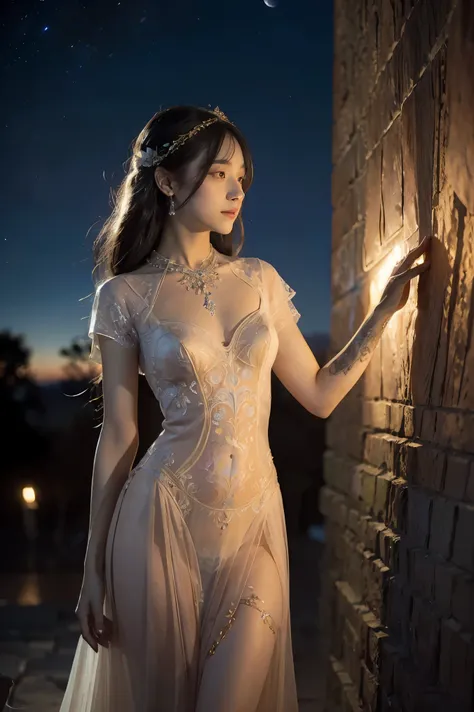 a solo beautiful princess, elegant, detailed, pretty, (rubenesque), (romanesque background), (night sky), elegant detailed dress...