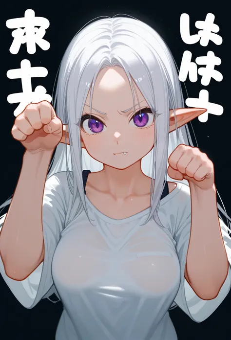 best quality, score_9, score_8_up, score_7_up, 1girl, purple eyes, white hair, long hair, parted bangs, pointy ears, paw pose, h...