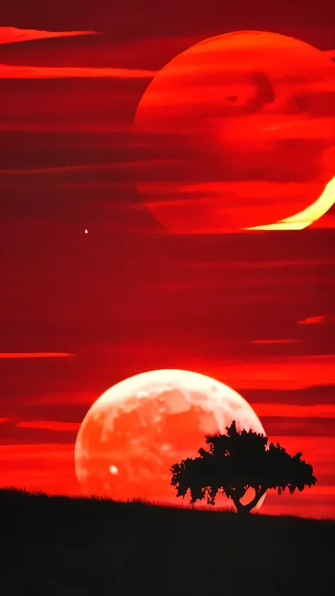 best quality, masterpiece, red art work, red moon, shadow, silhouette, clouds, wind