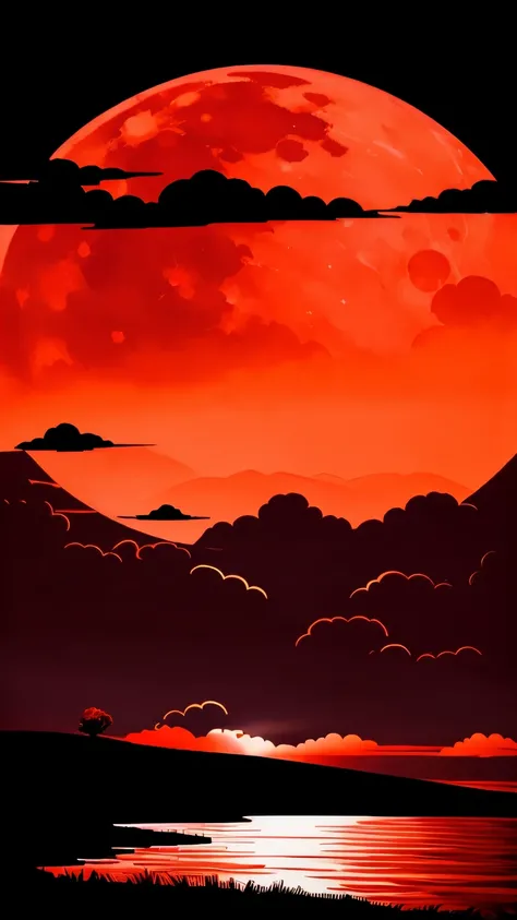 best quality, masterpiece, red art work, red moon, shadow, silhouette, clouds, wind