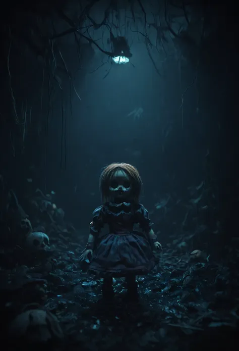 donmcr33pyn1ghtm4r3xl, vivid colors, a creepy doll, dark and creepy face, dark and sinister environment, volumetric lighting, ho...