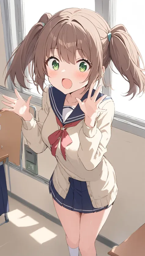 1 girl,twin tail,medium hair,brown hair,surprised, open mouth:0.7,,medium breasts,green eye,school,raise your hand