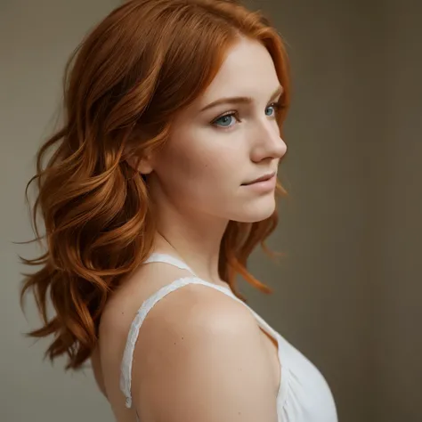 Muscular white woman with short wavy ginger hair, portrait photo, looking off to the side, 