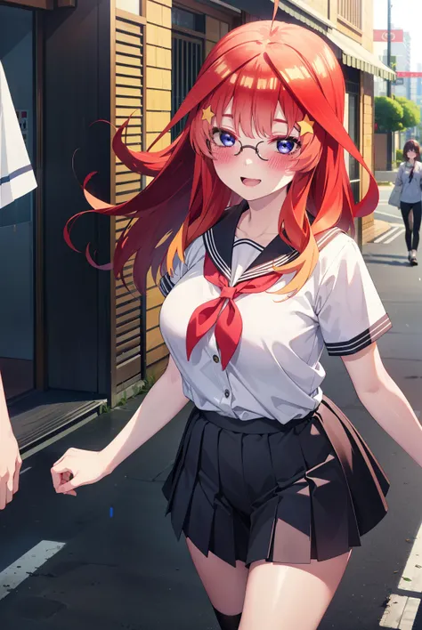 itsukinakano, Itsuki Nakano, bangs, blue eyes, Hair between the eyes, Ahoge, Redhead, star (symbol), hair ornaments, star 髪飾,blush,smile、happy smile, smile, Open your mouth,Akagi glasses,Big Breasts,Japan High School Girl(Black sailor suit),Short sleeve,bl...