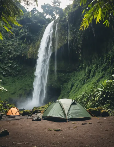 there is a tent set up next to a waterfall in the woods, camping, in a jungle environment, adventuring gear, campsites, peaceful environment, beautiful environment, tent architecture, tent, tents, outdoors setting, outdoors, jungle setting, adventure gear,...