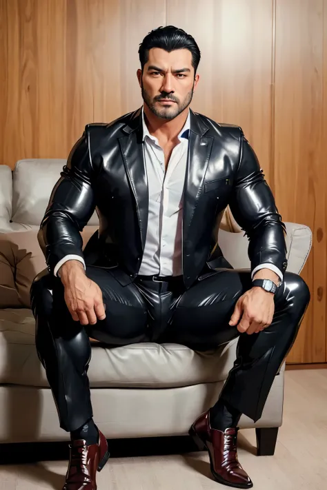 30 years old,daddy,"shiny suit ",dad sat on sofa,k hd,in the office,"big muscle", gay ,black hair,asia face,masculine,strong man...