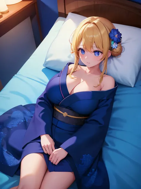 1woman,super beautiful,Sleeping on your back, camera angle from above, on the bed,Facing right, at night,full body photo, very detailed face,cute,,HD face, perfect face, blue kimono,short kimono, cleavage visible,Very big breasts,big breast,Blue flowers on...