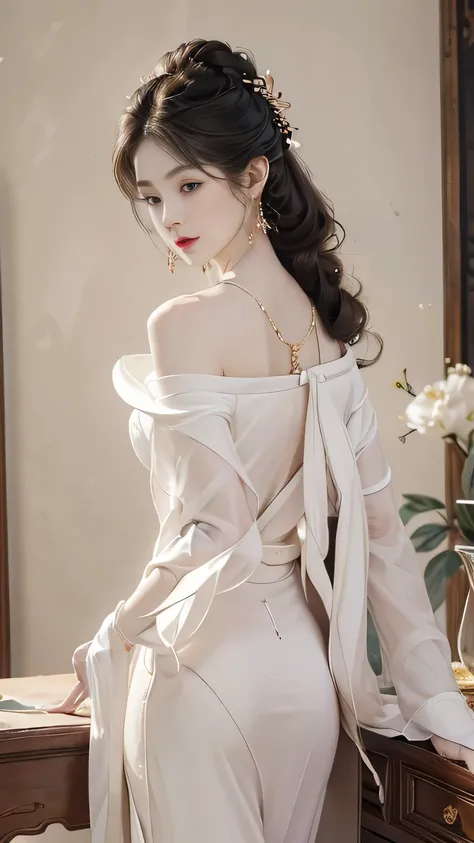 ((whole body)), ((From below)), yushuxin,1 girl,Solitary, ((stand up, Leaning against the desk)), ((Lean over)), ((The features are clear, Clear face, Clear face)), red lips, cosmetic, close up, elegant pose, Seductive pose, Perfect Curve, Slim, Sexy, Larg...