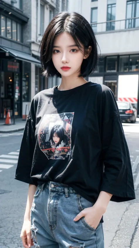 best quality, 1 Girl, dark blue hair, black eyes, Very short hair, Spiky hair, black oversize t-shirt, High waist short jeans, 171 cm, Messy hair, Hair between the eyes, Medium breasts, full, Tomboy, aldult, 20 years old, 1 Girl