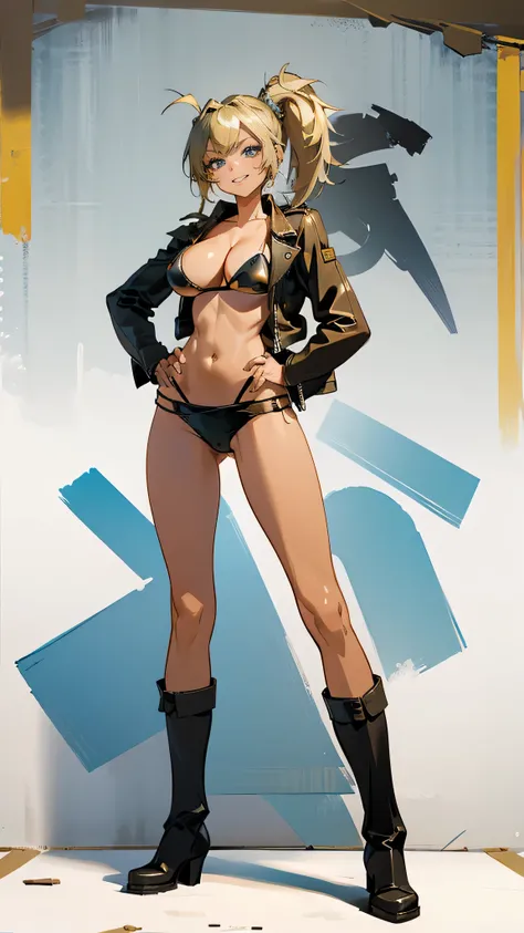 Masterpiece, best quality, Masterpiece, best quality, 1 woman , blue eyes , yellow ponytail , black leather jacket , sly face , smile , bikini , abdomen, big breasts , Long legs , boots , hands on hips , abandoned factory 