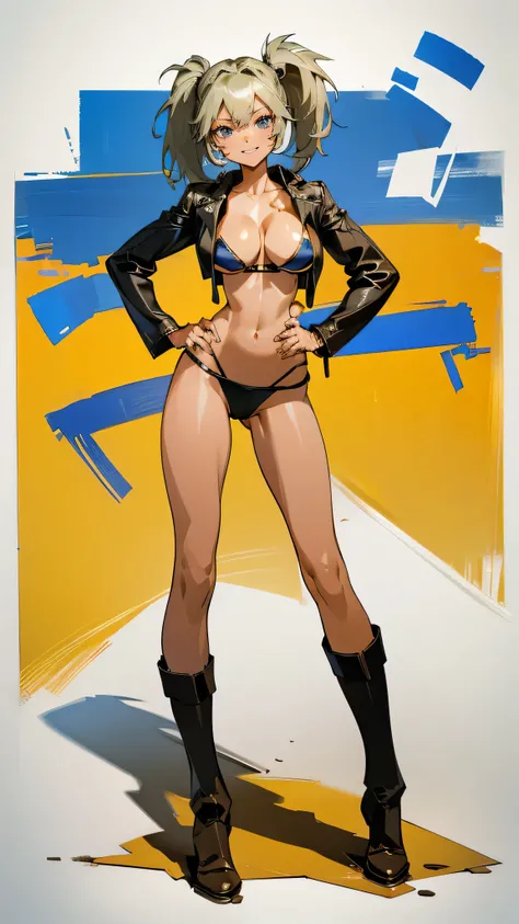 Masterpiece, best quality, Masterpiece, best quality, 1 woman , blue eyes , yellow ponytail , black leather jacket , sly face , smile , bikini , abdomen, big breasts , Long legs , boots , hands on hips , abandoned factory 