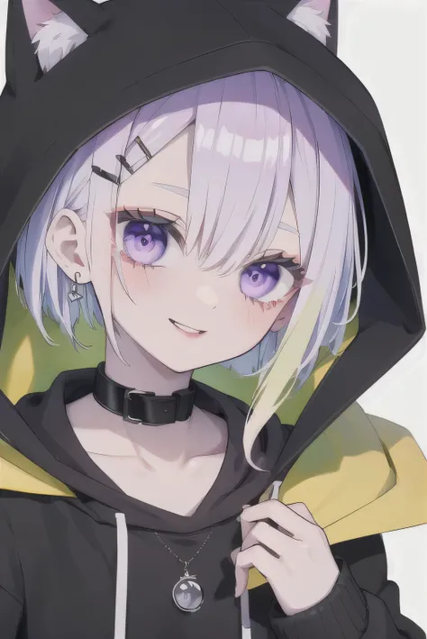 1girl, purple eyes, hood, hair ornament, purple hair, multicolored hair, bangs, black hair, hood up, looking at viewer, hairclip, solo, white background, jacket, hair between eyes, blush,smile collarbone, sleeves past wrists, hooded jacket, shirt, parted l...