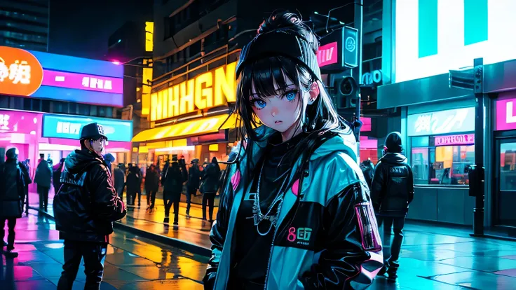 Girl in the neon city at night、Hip Hop Fashion、(Super Detail)、(8k)、((Modern Hip Hop))、(Neon Light)、(Neon Light)、(Esbian all over)、(Highly detailed face)、(Cold Face)、