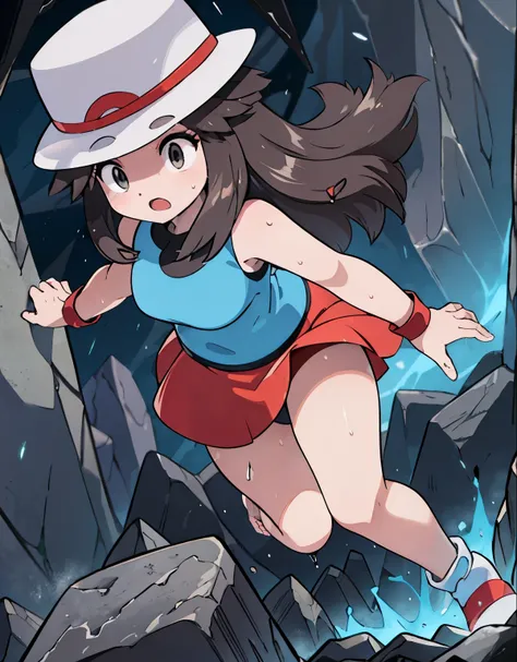 (best quality,4k,highres),(realistic:1.37),(dark,moody:0.9),(intense,high-contrast:1.1),(dramatic lighting,shadowysterious atmosphere), solo, lf, red skirt, blue shirt, sleeveless, white hat, upskirt, white panties, body shape, chubby thighs, thick thigh,...