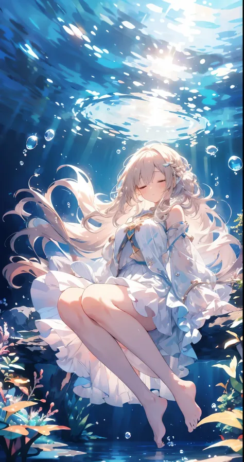 an artwork of a woman in white skirt and flowing white hair under water, 1 girl, skirt, underwater, solitary, long hair, close y...