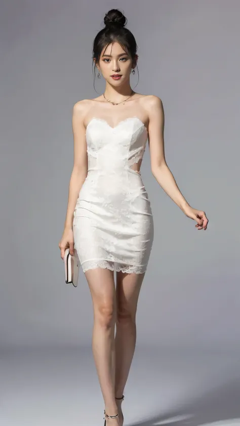 highest quality,masterpiece,Ultra-high resolution,(Actual:1.4),Original photo,Ultra-high resolution，8k，There are women，Fair skin、Sheer white lace mini dress，High heels，Long legs:1.5，Bright and beautiful，high waist，Flashy makeup using red eyeshadow，Gray bac...