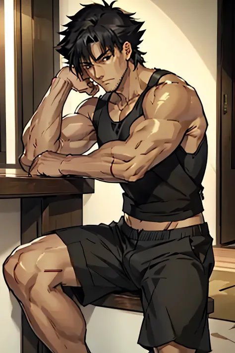 Kiritsugu Emiya is sitting and flexing his leg muscles. He is wearing a black tanktop and black boxershorts. His arms have many huge veins.