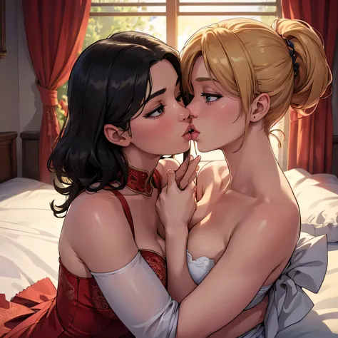 (best quality,4k,8k,highres,masterpiece:1.2),ultra-detailed,(realistic,photorealistic,photo-realistic:1.37), HDR, UHD, studio lighting, extreme detail description, professional, portraits, vivid colors, bokeh, lesbian couple, romance, women, kiss, mouth to...