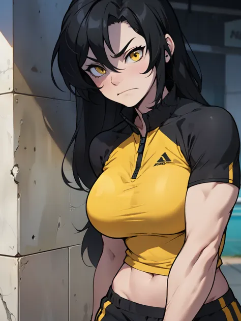 athletic build massive breasts pale skin black hair yellow eyes frown long hair