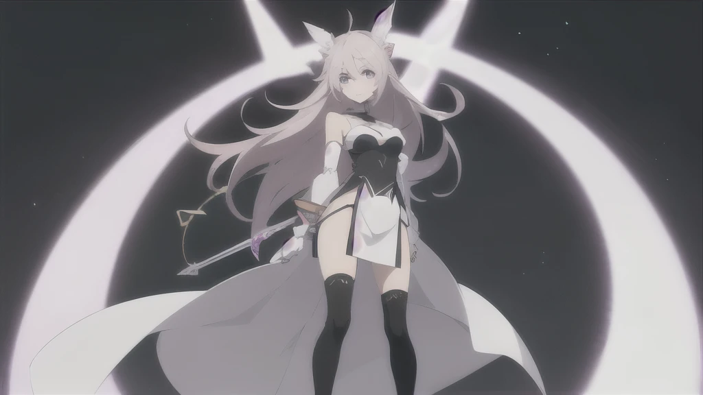Minimalist anime-style desktop wallpaper, girl in revealing attire, standing elegantly, anime-style features with large expressive eyes, vibrant flowing hair, light anime makeup, revealing yet tasteful outfit, thigh-high socks, simplistic geometric backgro...