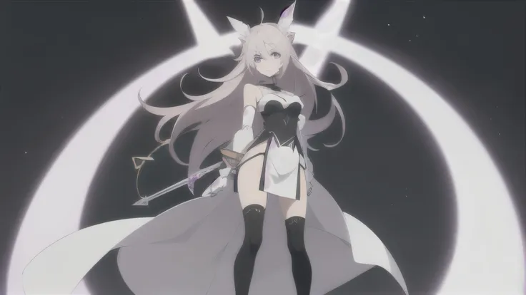 Minimalist anime-style desktop wallpaper, girl in revealing attire, standing elegantly, anime-style features with large expressive eyes, vibrant flowing hair, light anime makeup, revealing yet tasteful outfit, thigh-high socks, simplistic geometric backgro...